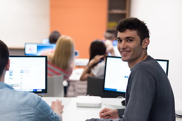 Image showing technology students group working  in computer lab school  class