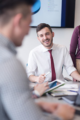 Image showing young business people group on meeting at modern office