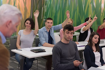 Image showing students group raise hands up