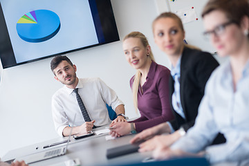 Image showing young business people group on team meeting at modern office