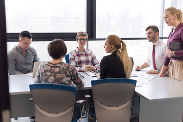 Image showing young business people group on meeting at modern office