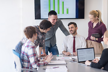 Image showing young business people group on meeting at modern office