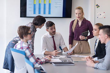 Image showing young business people group on meeting at modern office