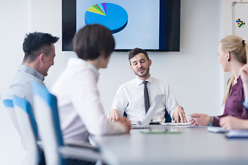 Image showing young business people group on team meeting at modern office