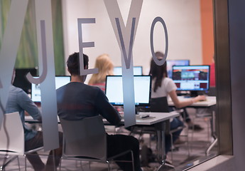 Image showing technology students group working  in computer lab school  class