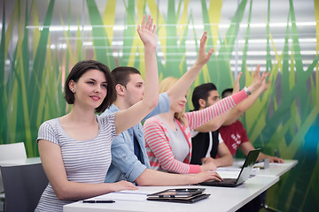 Image showing students group raise hands up