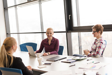 Image showing young business people group on meeting at modern office