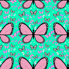 Image showing Large pink butterfly surrounded by small multicolored butterflie