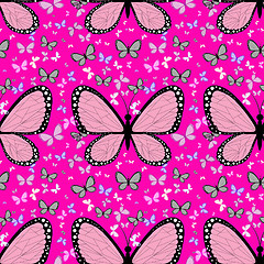 Image showing Large pink butterfly surrounded by small multicolored butterflie