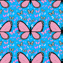 Image showing Large pink butterfly surrounded by small multicolored butterflie