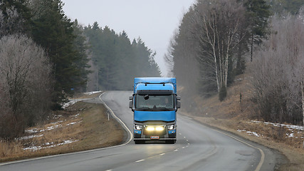 Image showing Blue Renault Trucks T Headlights in Winter