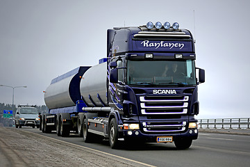 Image showing Purple Scania R500 Tank Truck on a Bridge