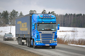 Image showing Blue Scania Hauls Curtainsider Cargo Trailer