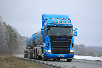 Image showing Blue Scania R500 Tank Truck Winter Landscape