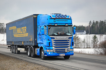 Image showing Blue Scania Hauls Curtainsider Cargo Trailer