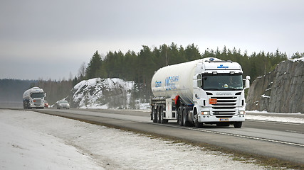 Image showing Two Scania Semi Tank Trucks in ADR Haul