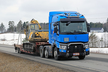 Image showing Blue Renault Trucks T Hauls Construction Equipment