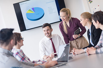 Image showing young business people group on meeting at modern office