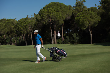 Image showing golf player walking with wheel bag