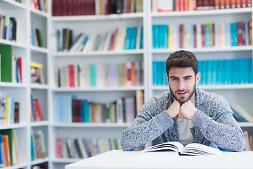 Image showing portrait of student while reading book  in school library