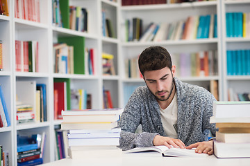 Image showing portrait of student while reading book  in school library