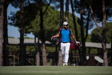 Image showing golf player walking and carrying bag