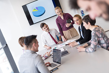 Image showing young business people group on meeting at modern office