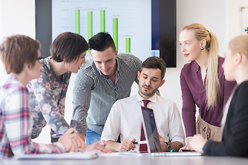 Image showing young business people group on meeting at modern office