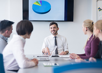 Image showing young business people group on team meeting at modern office