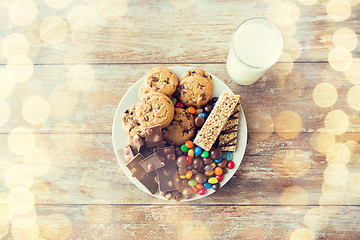 Image showing close up of sweet food and milk glass on table