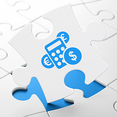 Image showing Business concept: Calculator on puzzle background