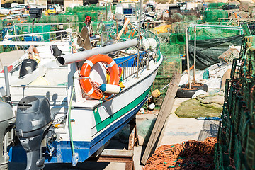 Image showing Old fisherboat in a shipyard