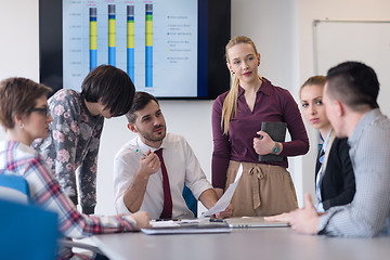 Image showing young business people group on meeting at modern office