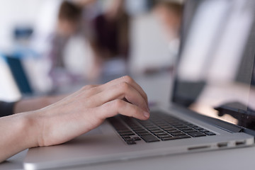 Image showing close up of business womans hand typing on laptop with team on m