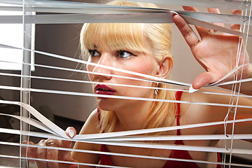 Image showing blonde woman observes through blinds