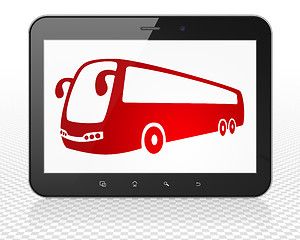 Image showing Vacation concept: Tablet Pc Computer with Bus on display