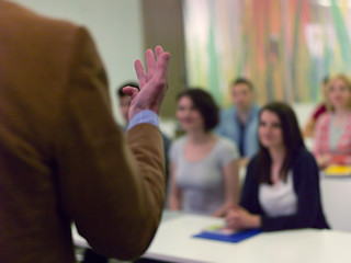 Image showing close up of teacher hand while teaching in classroom