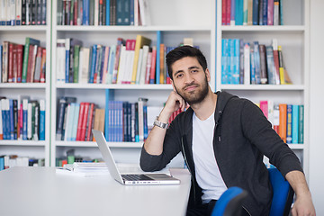 Image showing student in school library using laptop for research