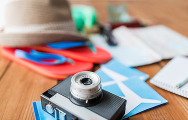 Image showing close up of camera, tickets and travel stuff