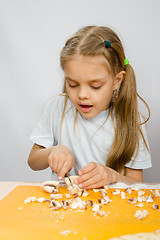 Image showing The little girl at the table with diligence knife cutting mushrooms