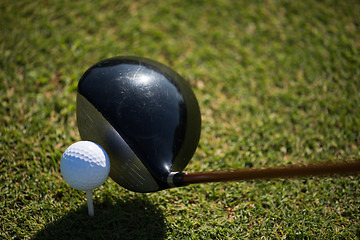 Image showing top view of golf club and ball in grass