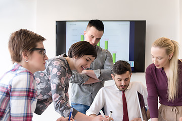 Image showing young business people group on meeting at modern office