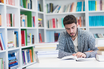 Image showing portrait of student while reading book  in school library