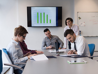 Image showing young business people group on team meeting at modern office