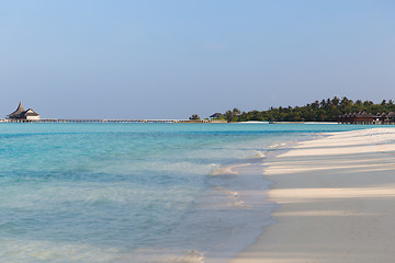 Image showing maldives island beach with palm tree and villa