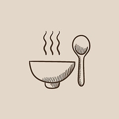 Image showing Bowl of hot soup with spoon sketch icon.