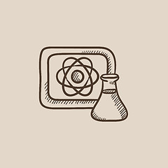 Image showing Atom sign drawn on board and flask sketch icon.