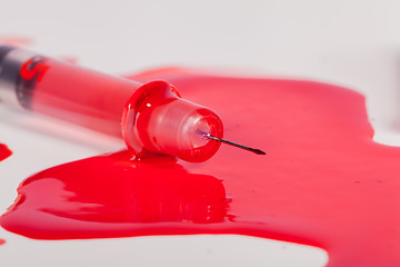 Image showing Syringe Squirting Red Blood onto White Background