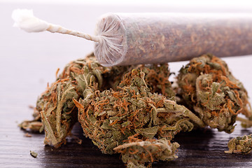 Image showing Close up of dried marijuana leaves and joint