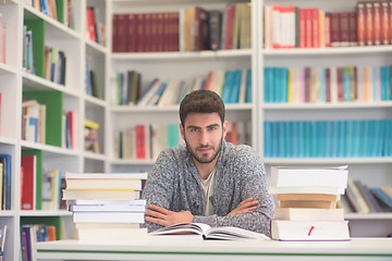 Image showing portrait of student while reading book  in school library